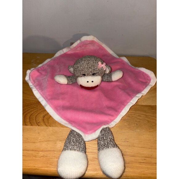 Sock Monkey Baby Starters Lovey Blanket With Pink Satin Back & Plush Knit Monkey - Picture 2 of 8